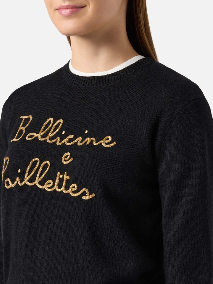 Maglione New Queen in misto cashmere nero con ricamo Bollicine e Pailettes