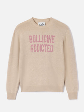 Pull col rond en maille New Queen beige avec broderie lurex Bollicine Addicted 