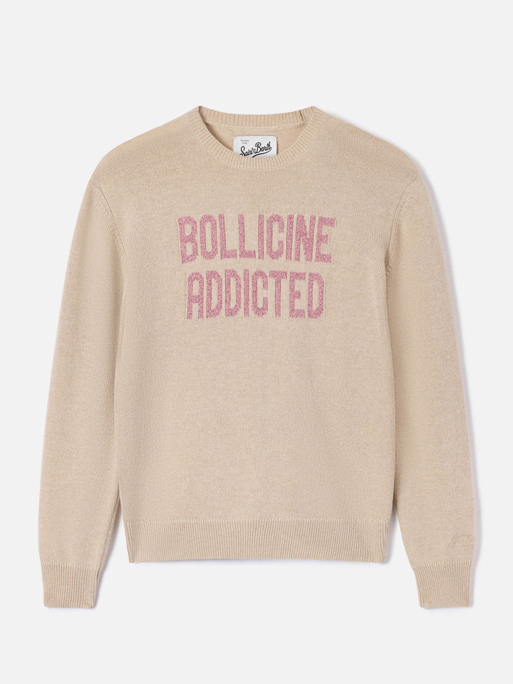 Beiger New Queen Rundhals-Strickpullover mit Bollicine Addicted Lurex-Stickerei 