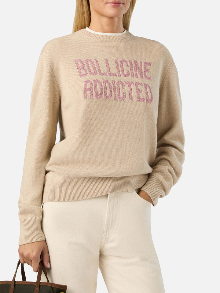 Beige New Queen crewneck knit with Bollicine Addicted lurex embroidery