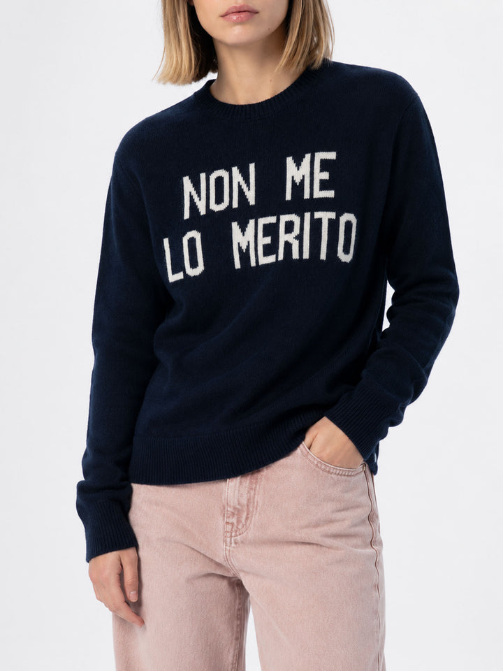 Neuer blauer Pullover Queen mit Non me lo merito-Jacquard 