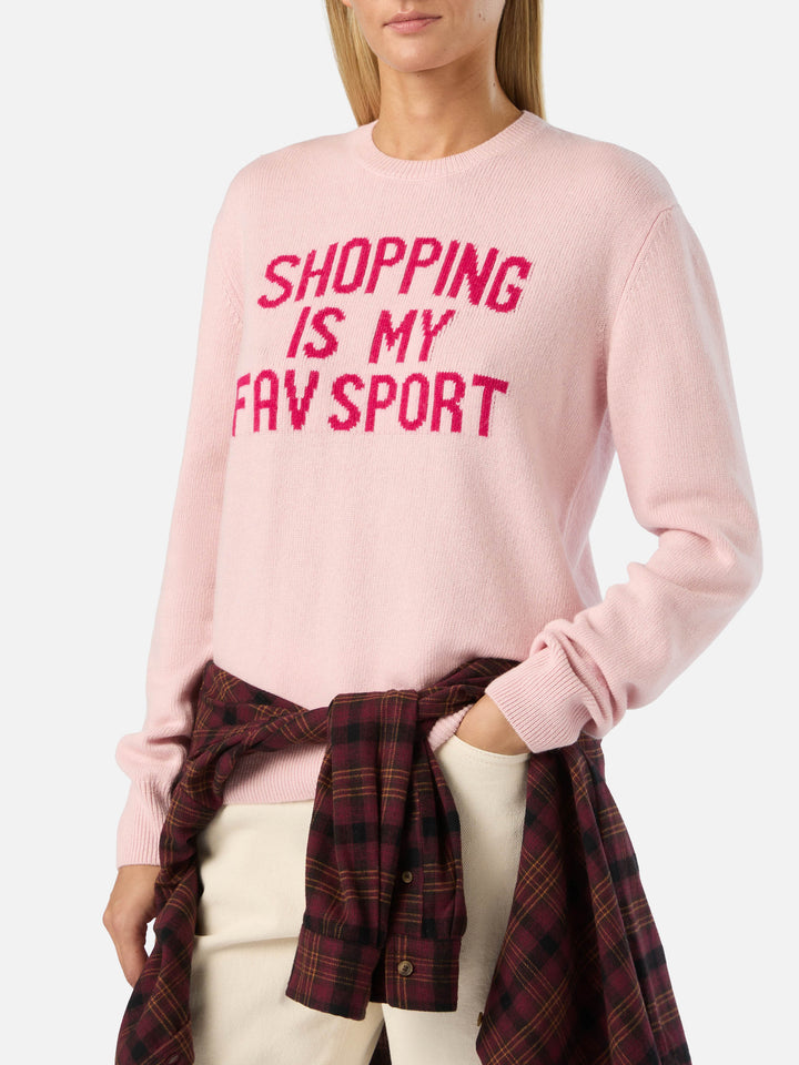 Pink New Queen crewneck knit with Shopping Is My Fav Sport embroidery