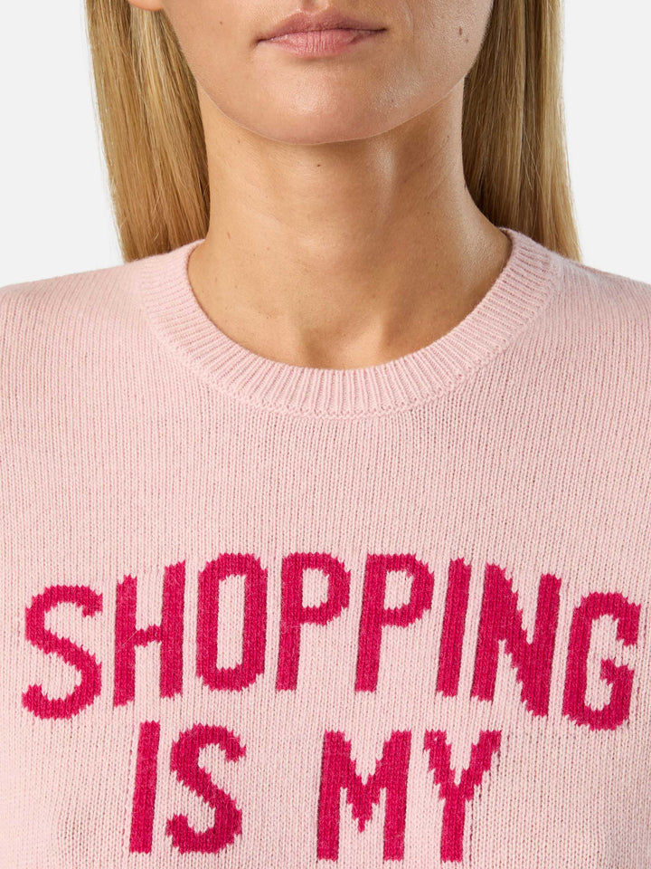 Pink New Queen crewneck knit with Shopping Is My Fav Sport embroidery
