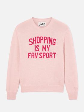 Pink New Queen crewneck knit with Shopping Is My Fav Sport embroidery