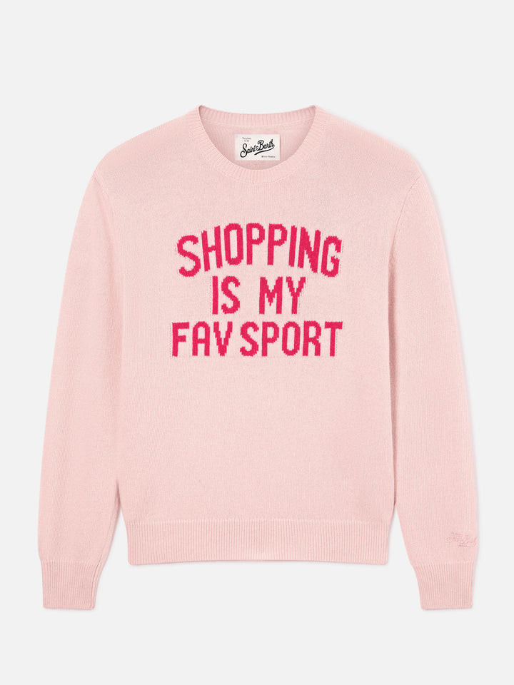 Rosa New Queen Rundhals-Strickpullover mit „Shopping Is My Fav Sport“-Stickerei 
