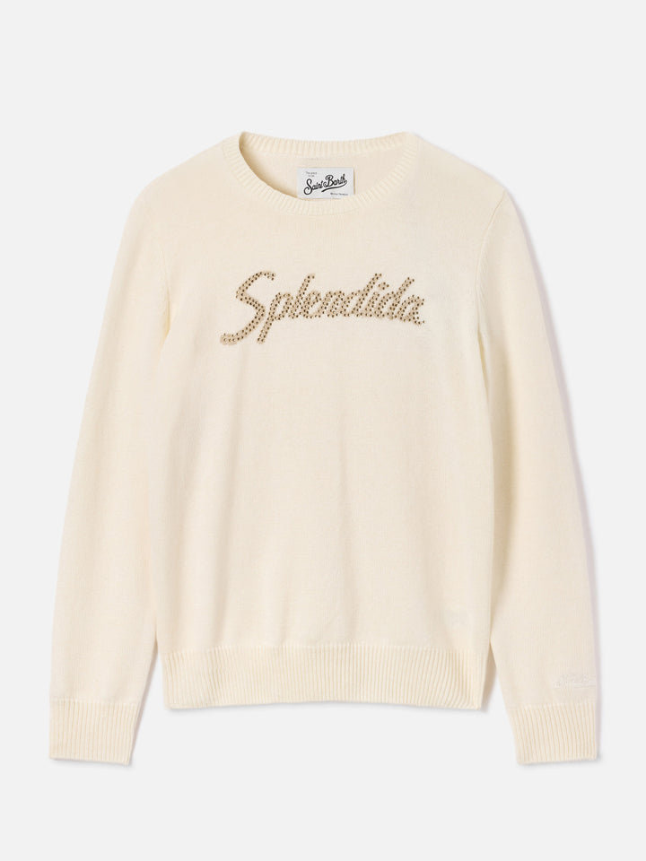 Off-white New Queen Rundhals-Strickpullover mit Splendida-Strassstickerei 