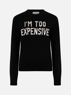 Woman black sweater New Queen with I'm too expensive jacquard with rhinestones - MC2 Saint Barth