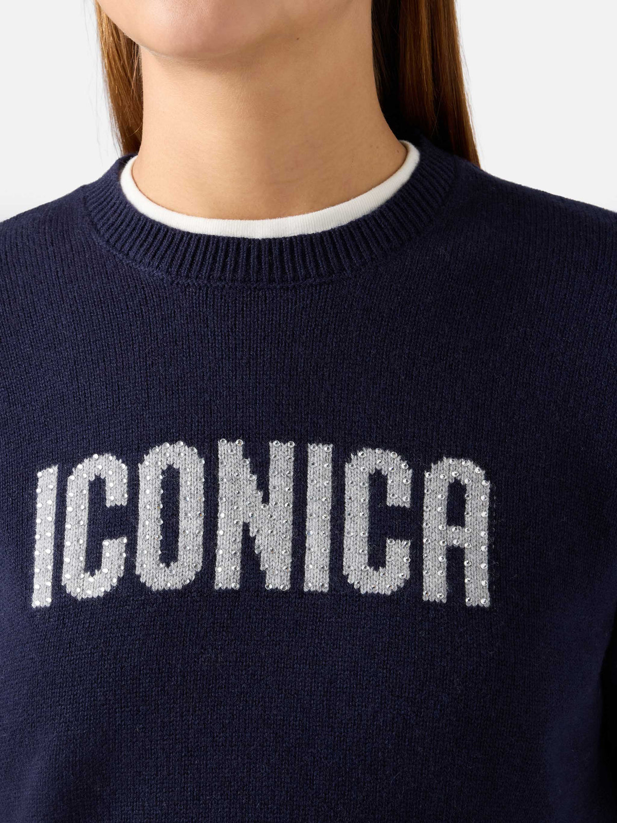 Navy blue New Queen crewneck knit with Iconica rhinestone embroidery