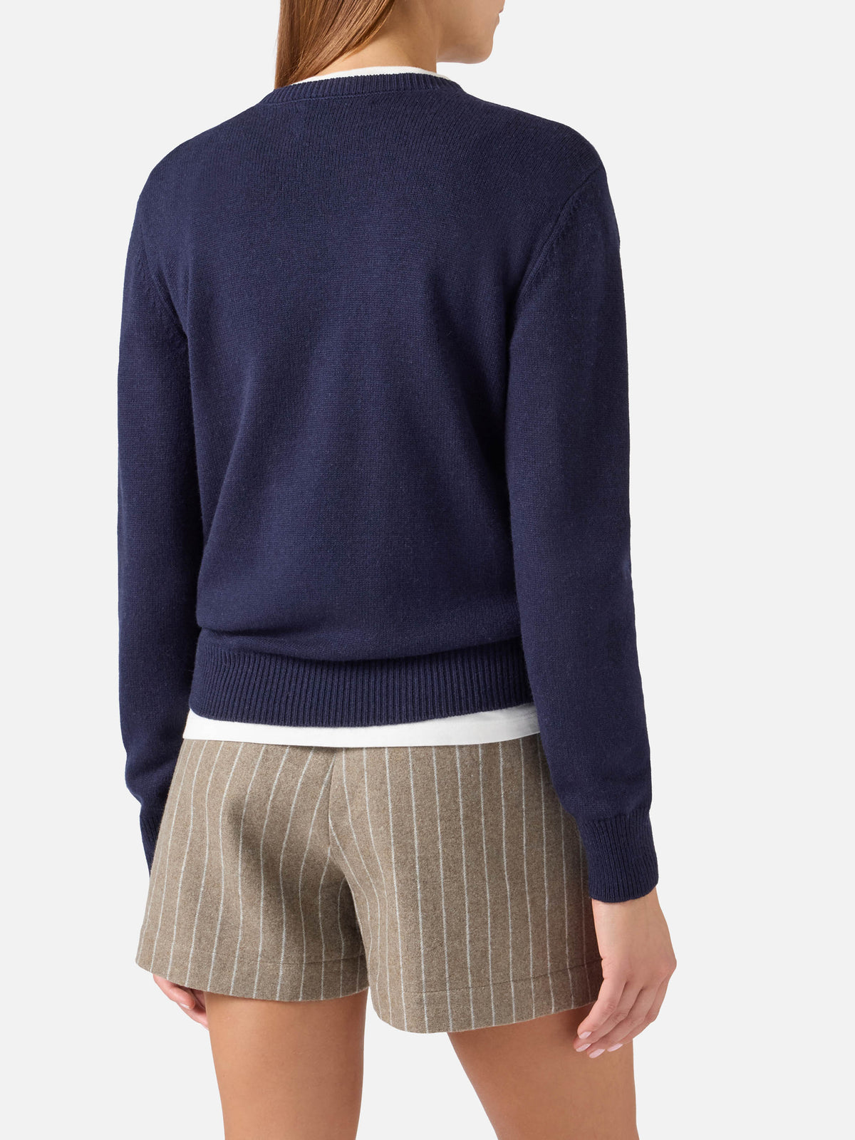 Navy blue New Queen crewneck knit with Iconica rhinestone embroidery