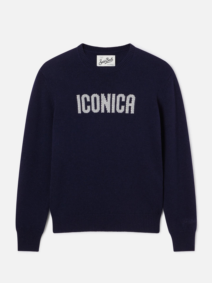 Pull en maille à col rond Navy blue New Queen avec broderie Iconica en strass 