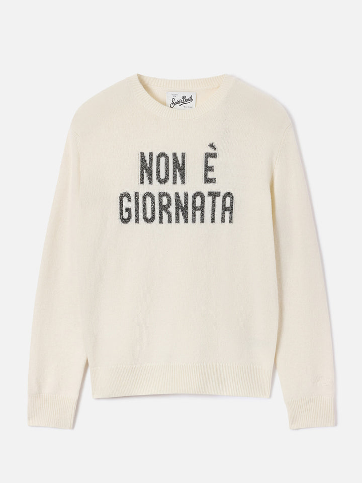 Off white New Queen Rundhals-Strick mit Non È Giornata Lurex-Stickerei 