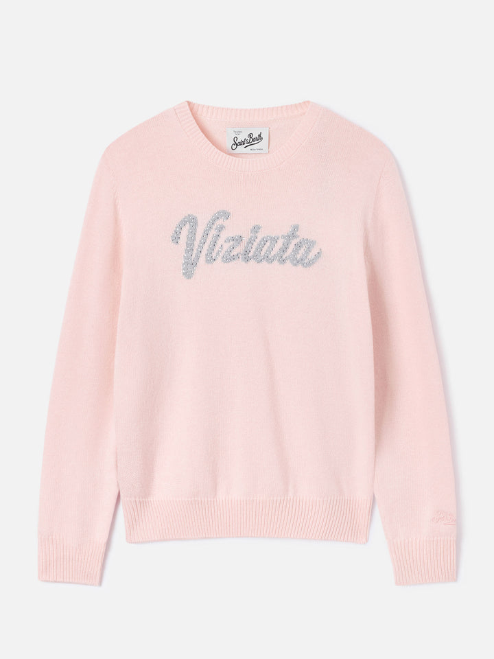 Pink New Queen crewneck knit with Viziata rhinestone embroidery