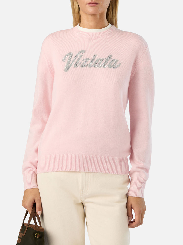 Pink New Queen crewneck knit with Viziata rhinestone embroidery
