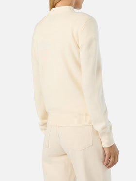 Off white New Queen Rundhals-Strickpullover mit Après Chic Strass-Stickerei 