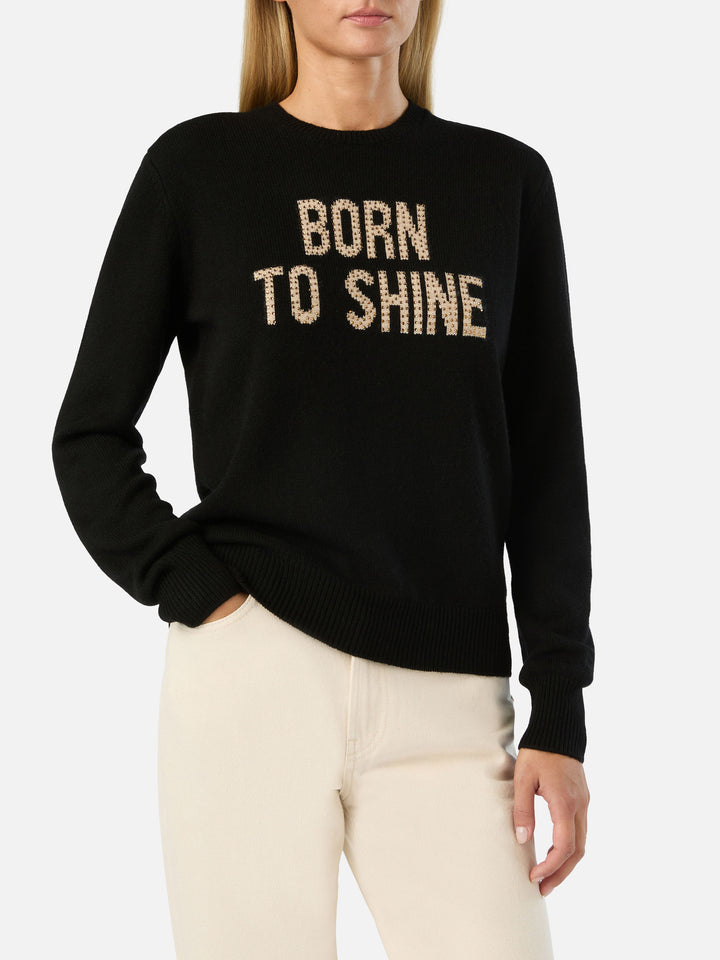 Black New Queen crewneck knit with Born To Shine rhinestone embroidery