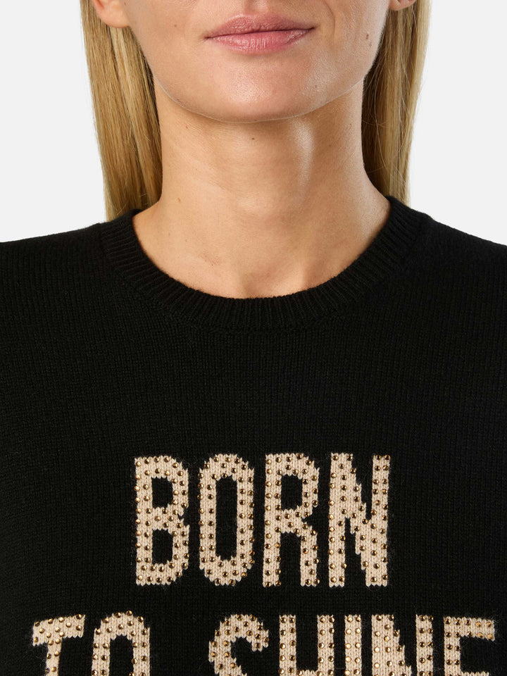 Black New Queen crewneck knit with Born To Shine rhinestone embroidery