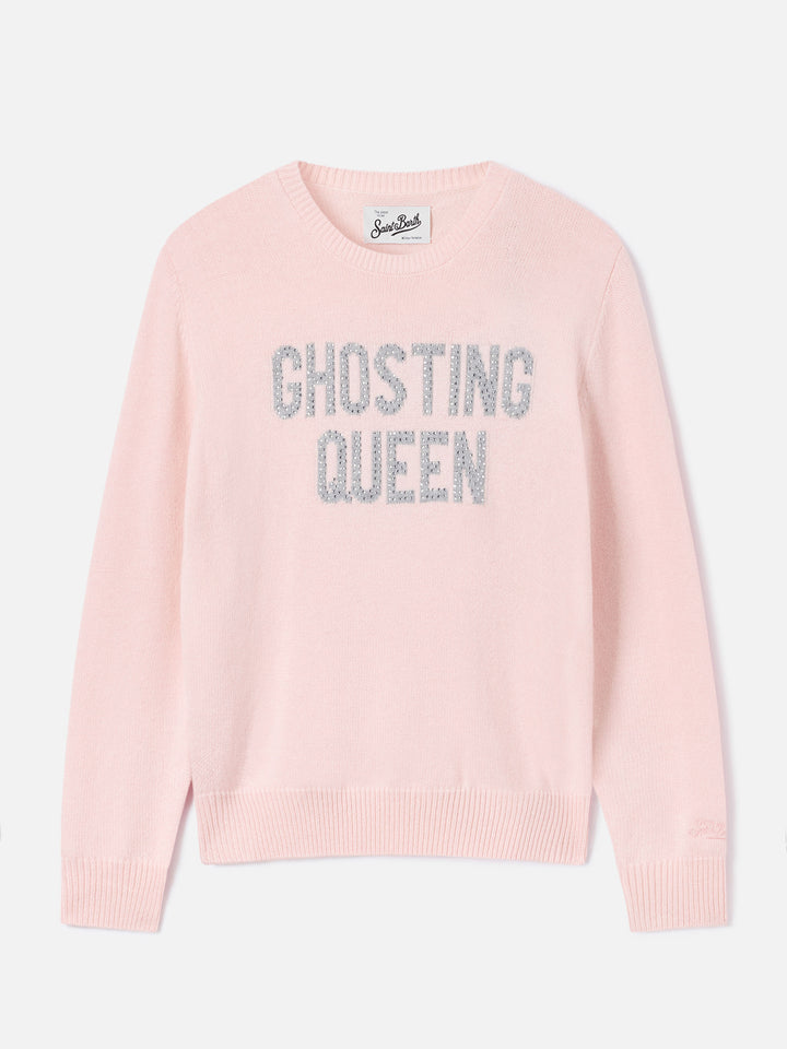 Pink New Queen crewneck knit with Ghosting Queen rhinestone embroidery
