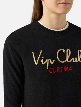 Maglione da donna nero New Queen con ricamo Vip club Cortina | VIP CLUB CORTINA SPECIAL EDITION