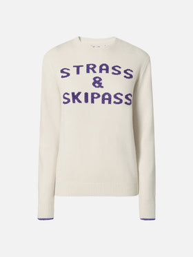 New Queen Crewneck in Weiß mit Strass- und Skipass-Strassverzierungen