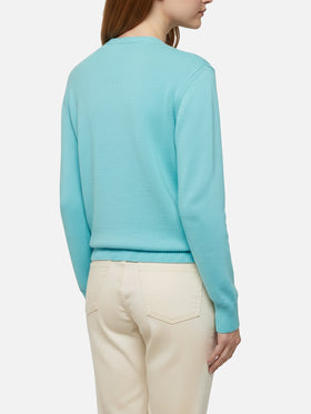 Maglione verde acqua New Queen con scritta Raclette& Paillettes in paillettes