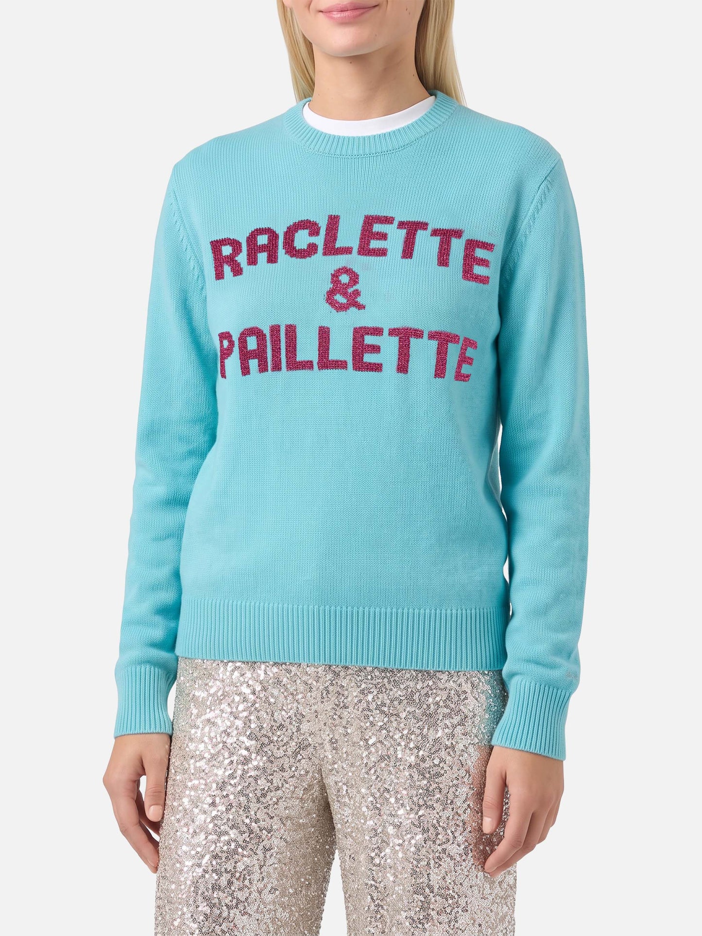 Pull vert d’eau New Queen avec lettrage Raclette & Paillettes en sequins 