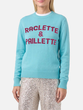 Pull vert d’eau New Queen avec lettrage Raclette & Paillettes en sequins 