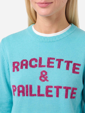 Pull vert d’eau New Queen avec lettrage Raclette & Paillettes en sequins 
