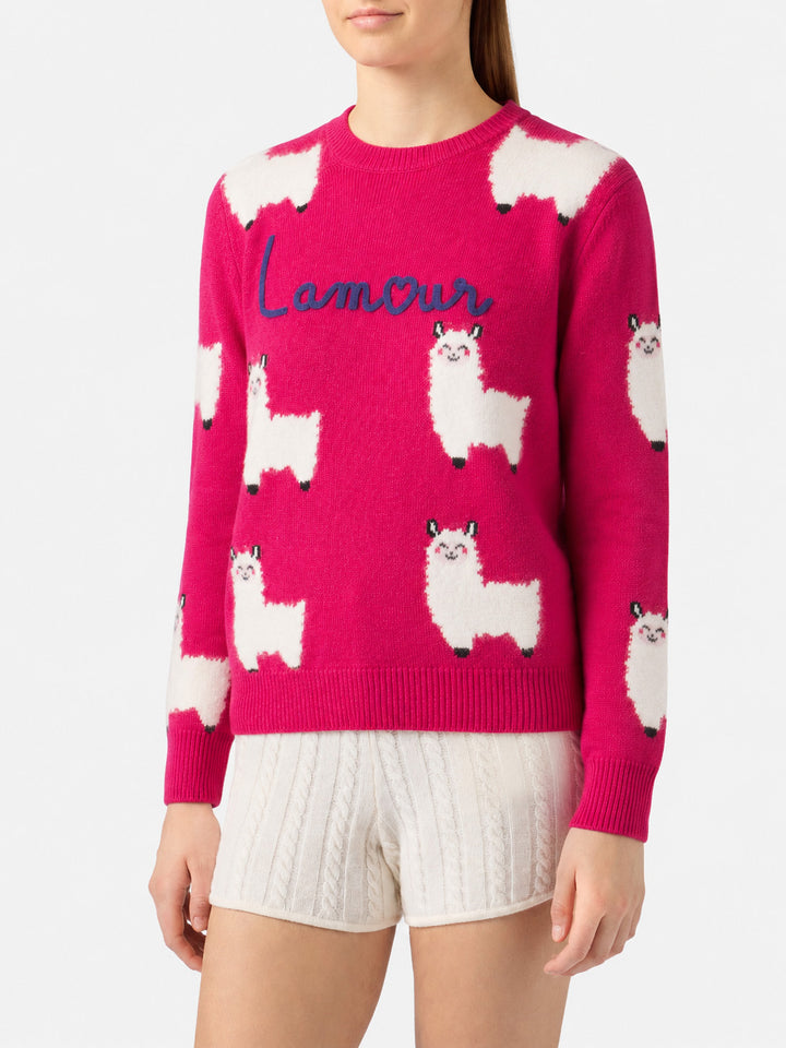 New Queen Pullover aus Alpaka-Mix in Fuchsia mit L Amour-Stickerei 