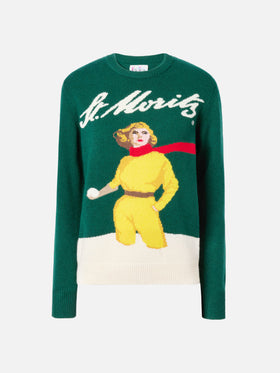 Neuer grüner Queen-Pullover aus Kaschmirmischung mit Jacquardmuster und St. Moritz-Postkartenmotiv | ST. MORITZ SONDEREDITION