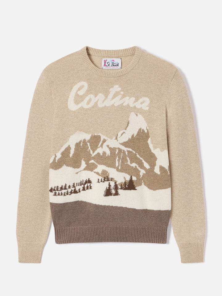 Beiger New Queen Rundhals-Strickpullover mit Cortina-Intarsie 