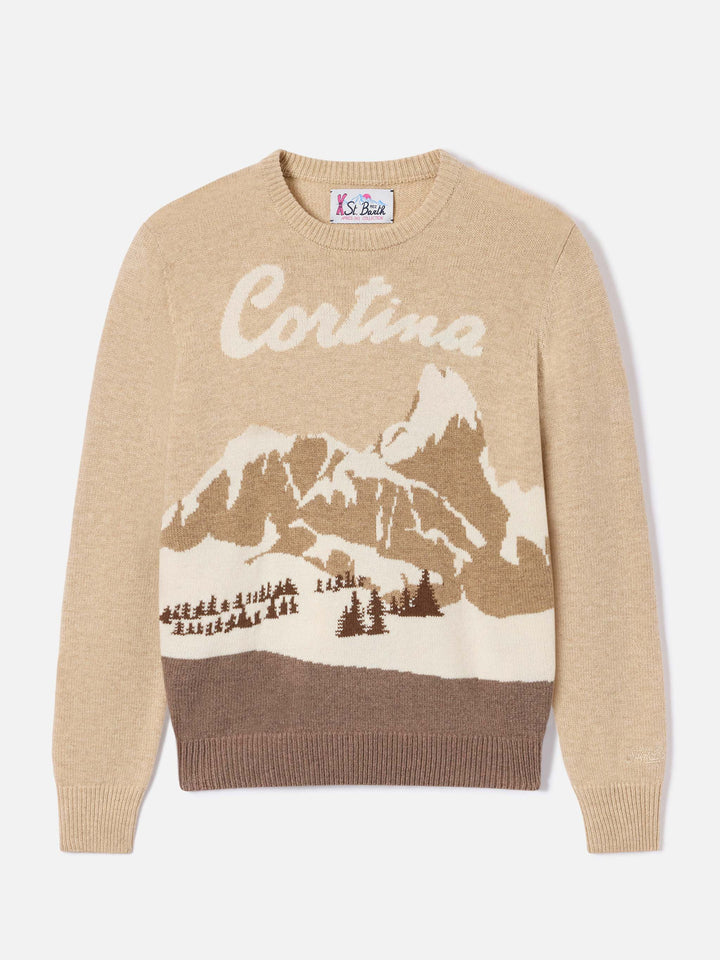 Beige New Queen crewneck knit with Cortina intarsia