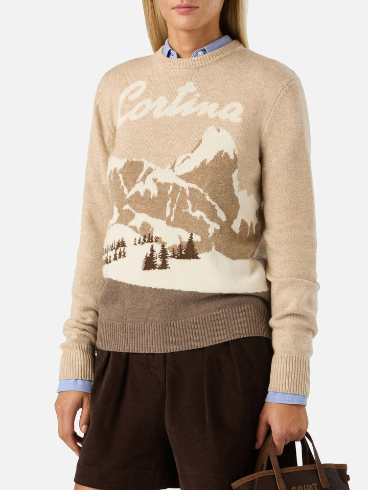 Beige New Queen crewneck knit with Cortina intarsia