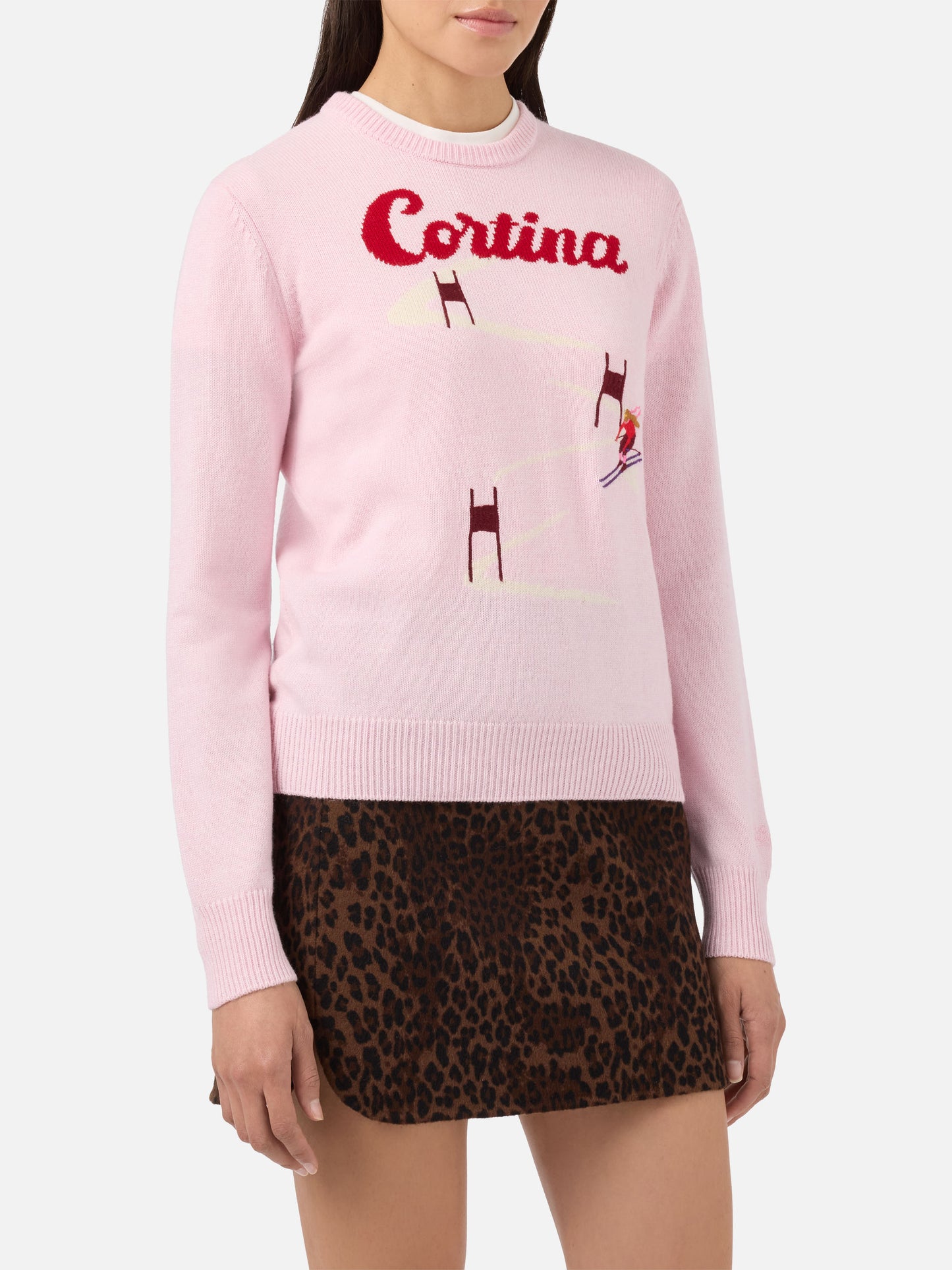 Maglione New Queen in misto cashmere rosa con jacquard cartolina Cortina