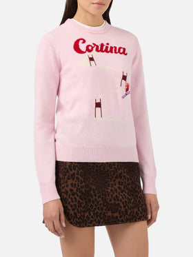 Maglione New Queen in misto cashmere rosa con jacquard cartolina Cortina