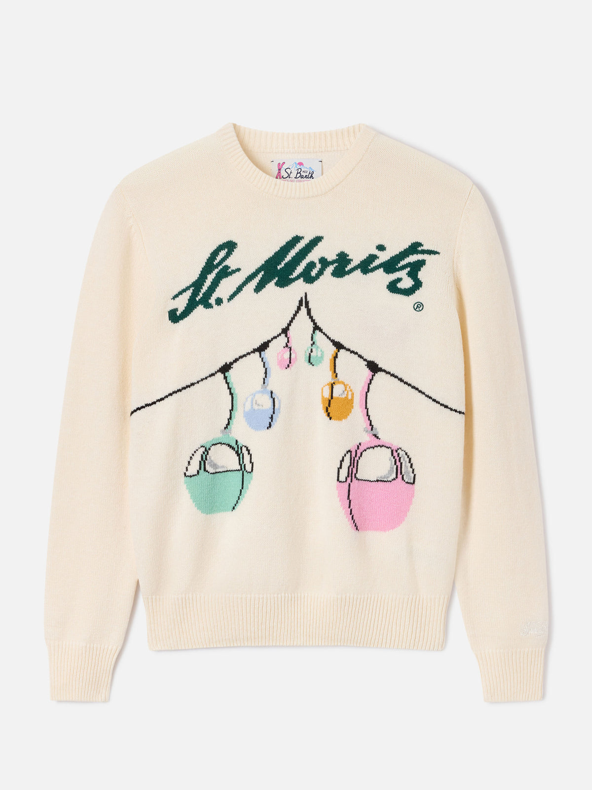 Jersey de punto con cuello redondo New Queen en blanco roto con intarsia de teleférico St. Moritz | Special edition 