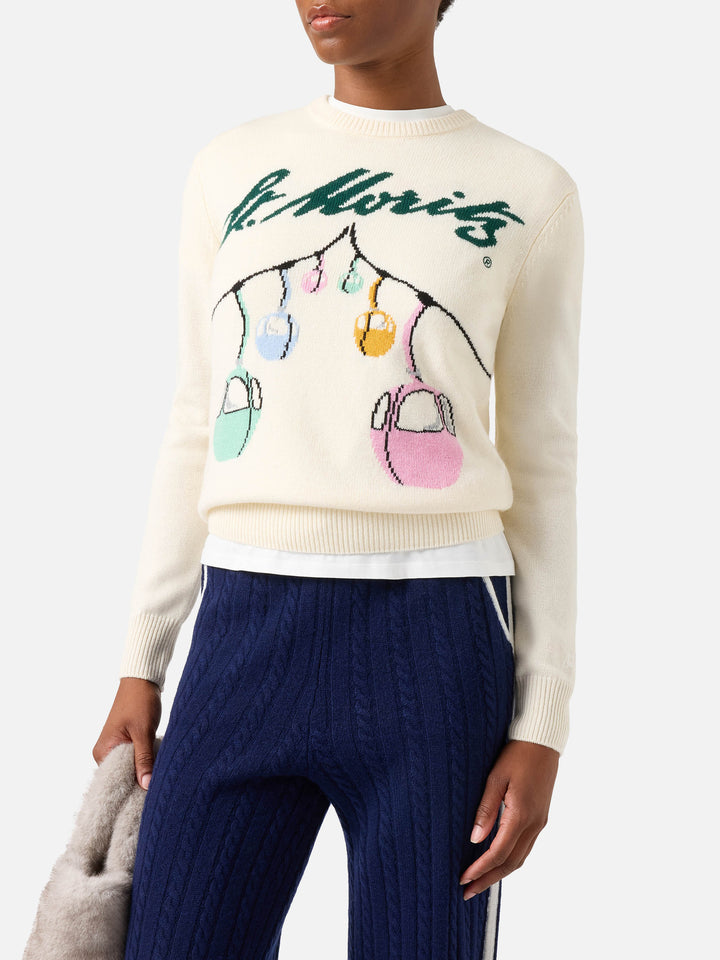 Off white New Queen crewneck knit with St. Moritz cable car intarsia | Special edition