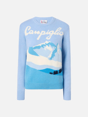 Neuer Queen-Pullover aus Kaschmirmischung in Hellblau mit Campiglio-Postkarten-Jacquard
