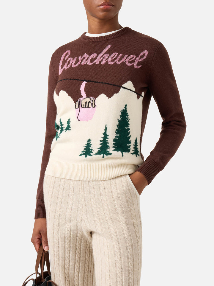 Pull en maille col rond Brown New Queen avec intarsia Courchevel 