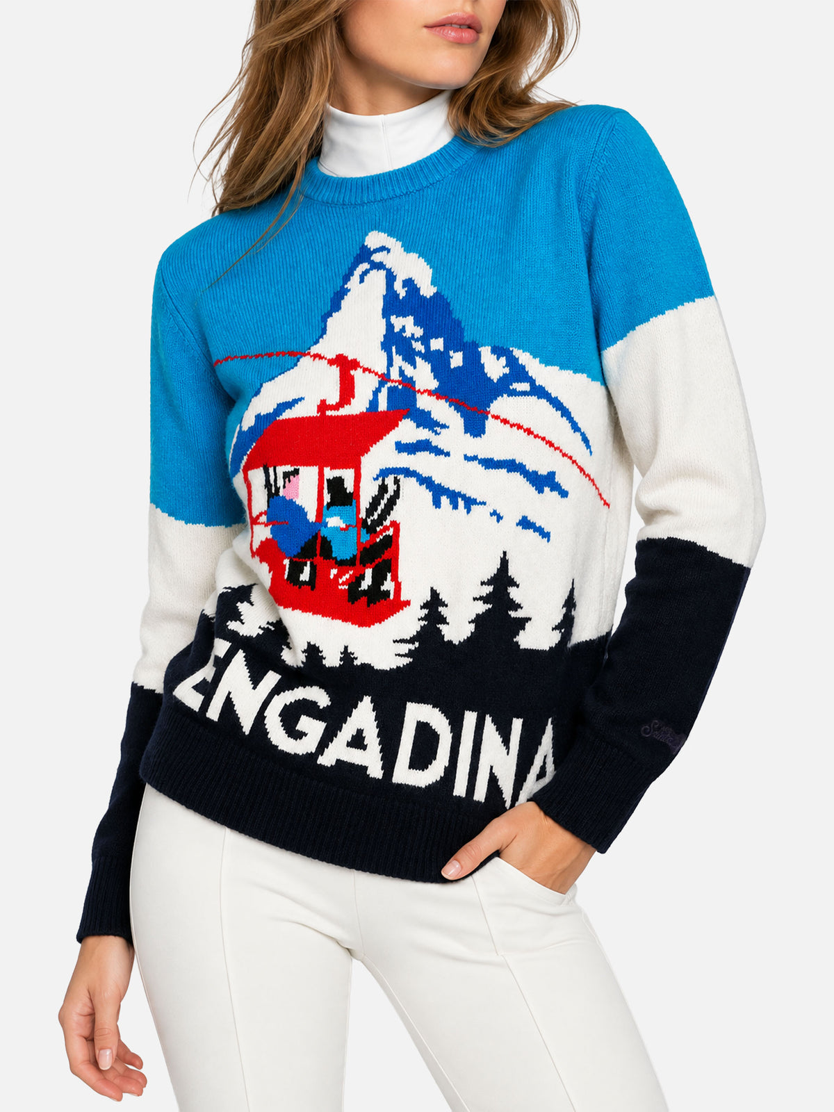Light blue New Queen crewneck sweater with Engadina postcard jacquard