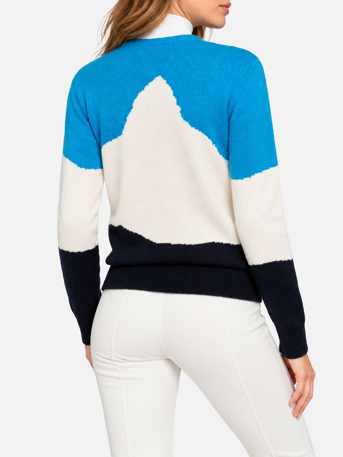 Light blue New Queen crewneck sweater with Engadina postcard jacquard