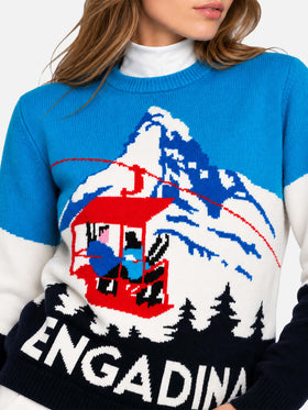 Light blue New Queen crewneck sweater with Engadina postcard jacquard
