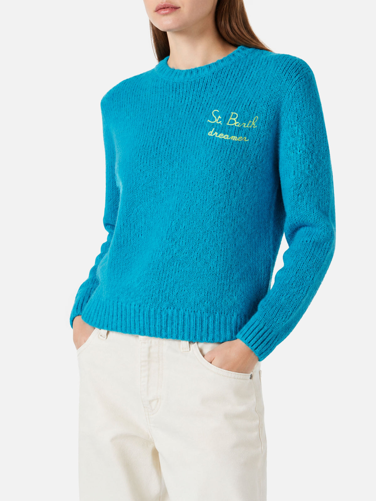 Light blue New Queen Soft sweater with St. Barth Dreamer embroidery