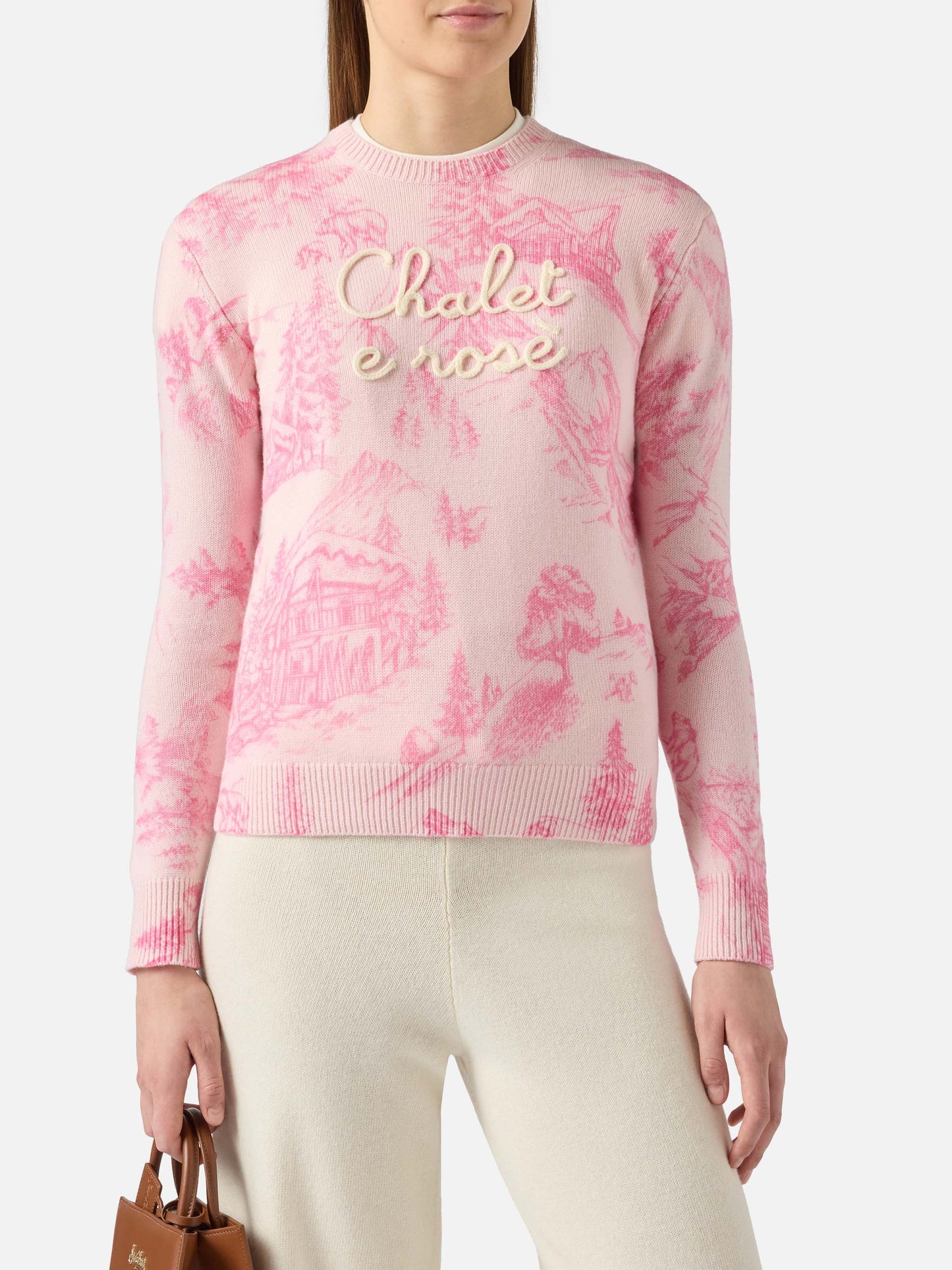Maglione rosa da donna New Queen con stampa toile de jouy e ricamo Chalet e Rosè
