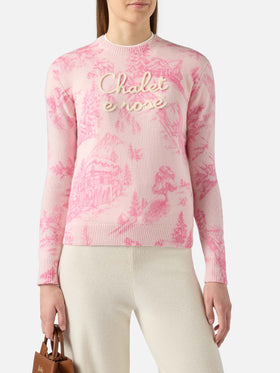 Maglione rosa da donna New Queen con stampa toile de jouy e ricamo Chalet e Rosè