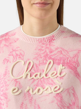 Maglione rosa da donna New Queen con stampa toile de jouy e ricamo Chalet e Rosè
