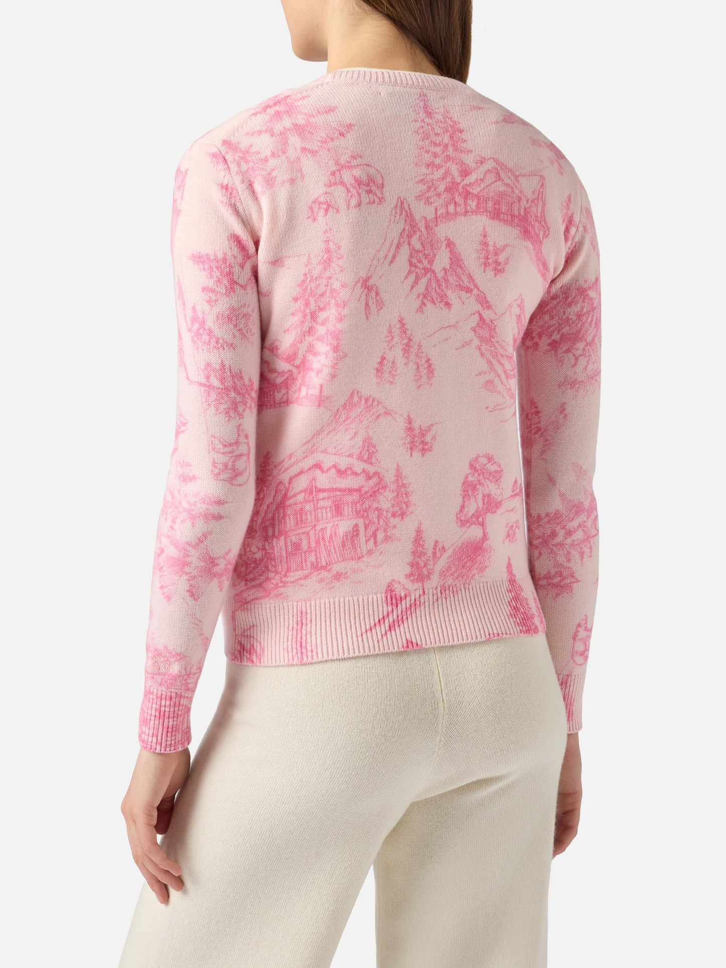 Maglione rosa da donna New Queen con stampa toile de jouy e ricamo Chalet e Rosè