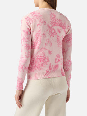 Maglione rosa da donna New Queen con stampa toile de jouy e ricamo Chalet e Rosè