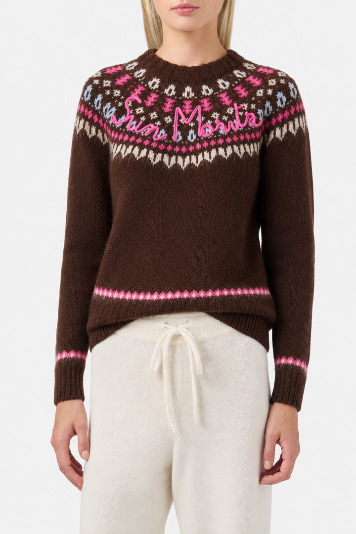 Maglione New Queen Nordic in maglia con jacquard marrone