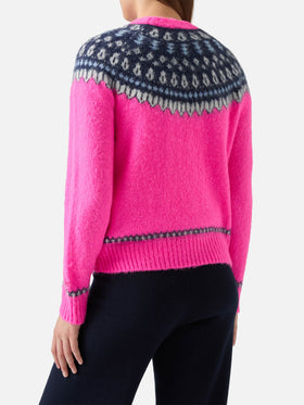 Fluo pink crewneck New Queen Nordic Soft with fair isle jacquard and It's cold  embroidery