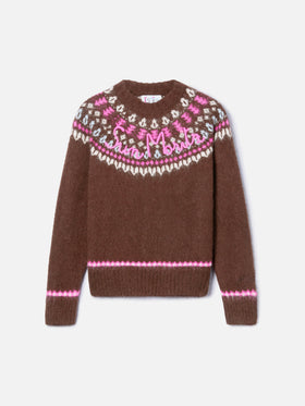 Brown sweater Queen Nordic Soft with fair isle jacquard and Sun Moritz embroidery